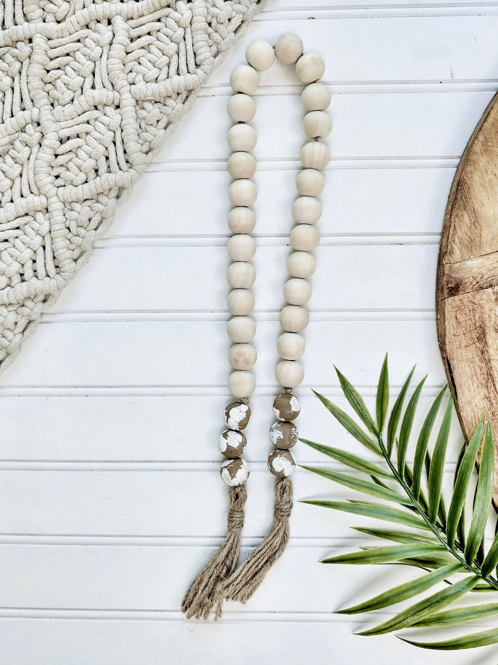 Raw Wood and Chippy White  Bead Garland with Tassels - Terra Cottage
