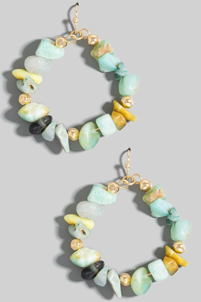Stone Chip Beaded Hoop Dangle Earrings