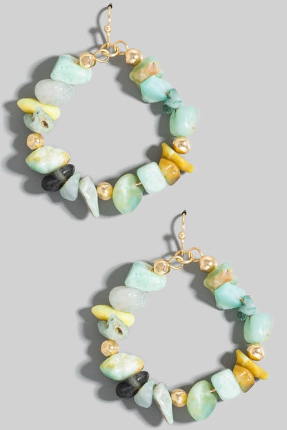 Stone Chip Beaded Hoop Dangle Earrings