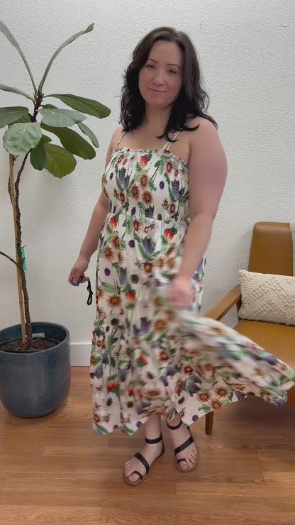 Cream Floral Smock Midi Dress