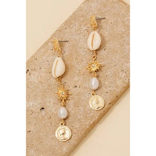 Puka Shell Pearl Dangle Chain Earrings