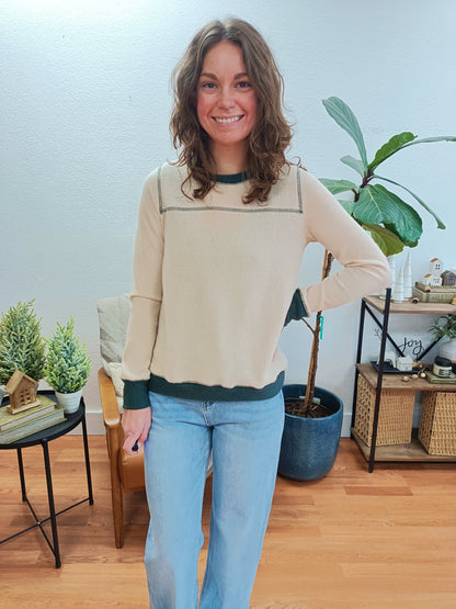 Cream & Green Reverse Stitch Top
