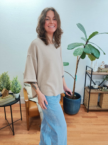 Cocoa Double Knit Exposed Seam Curved Hem Top