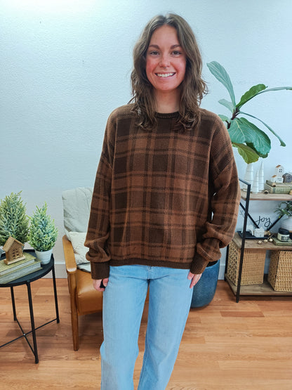Brown Plaid Pullover Sweater