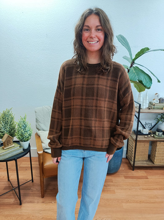 Brown Plaid Pullover Sweater