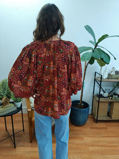 Rust Floral Balloon Sleeve Blouse