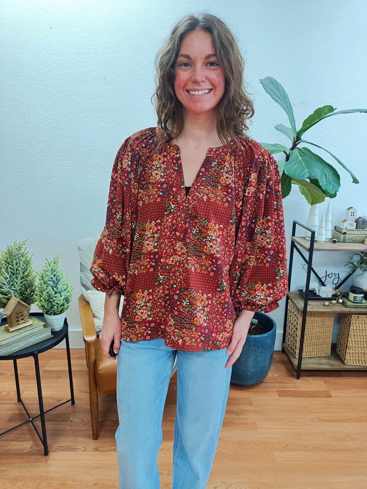 Rust Floral Balloon Sleeve Blouse