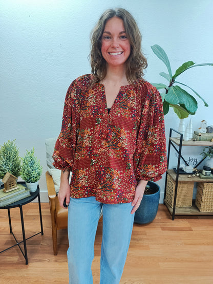 Rust Floral Balloon Sleeve Blouse