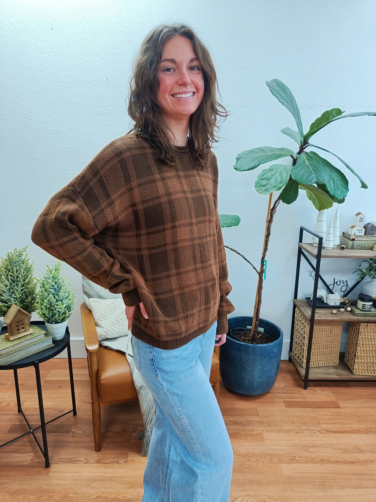 Brown Plaid Pullover Sweater