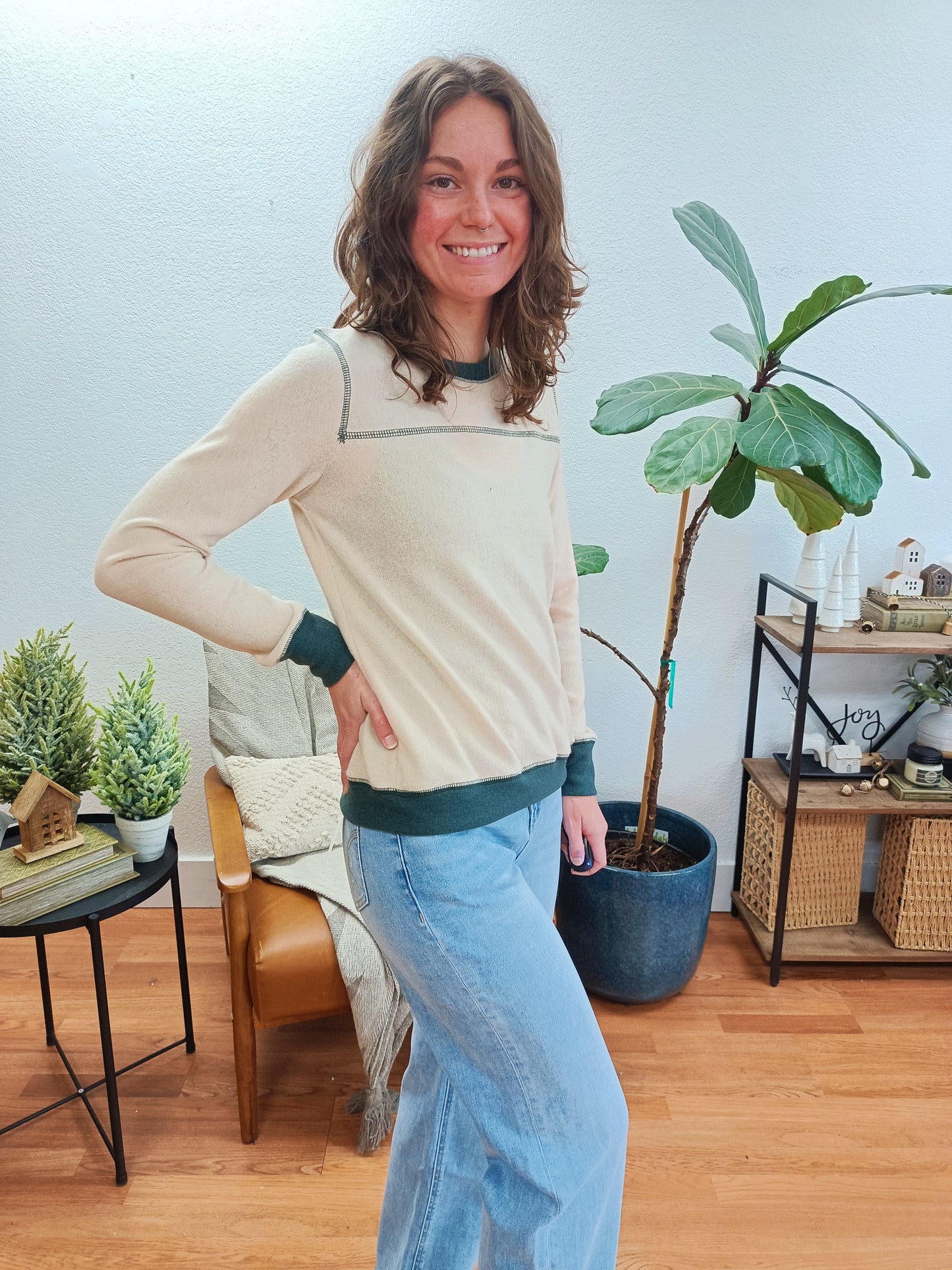 Cream & Green Reverse Stitch Top