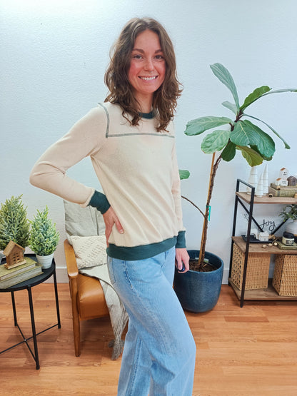 Cream & Green Reverse Stitch Top