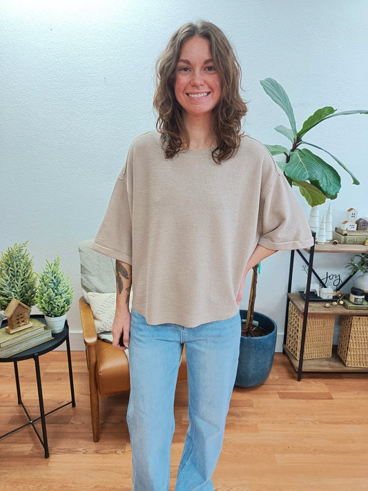 Cocoa Double Knit Exposed Seam Curved Hem Top