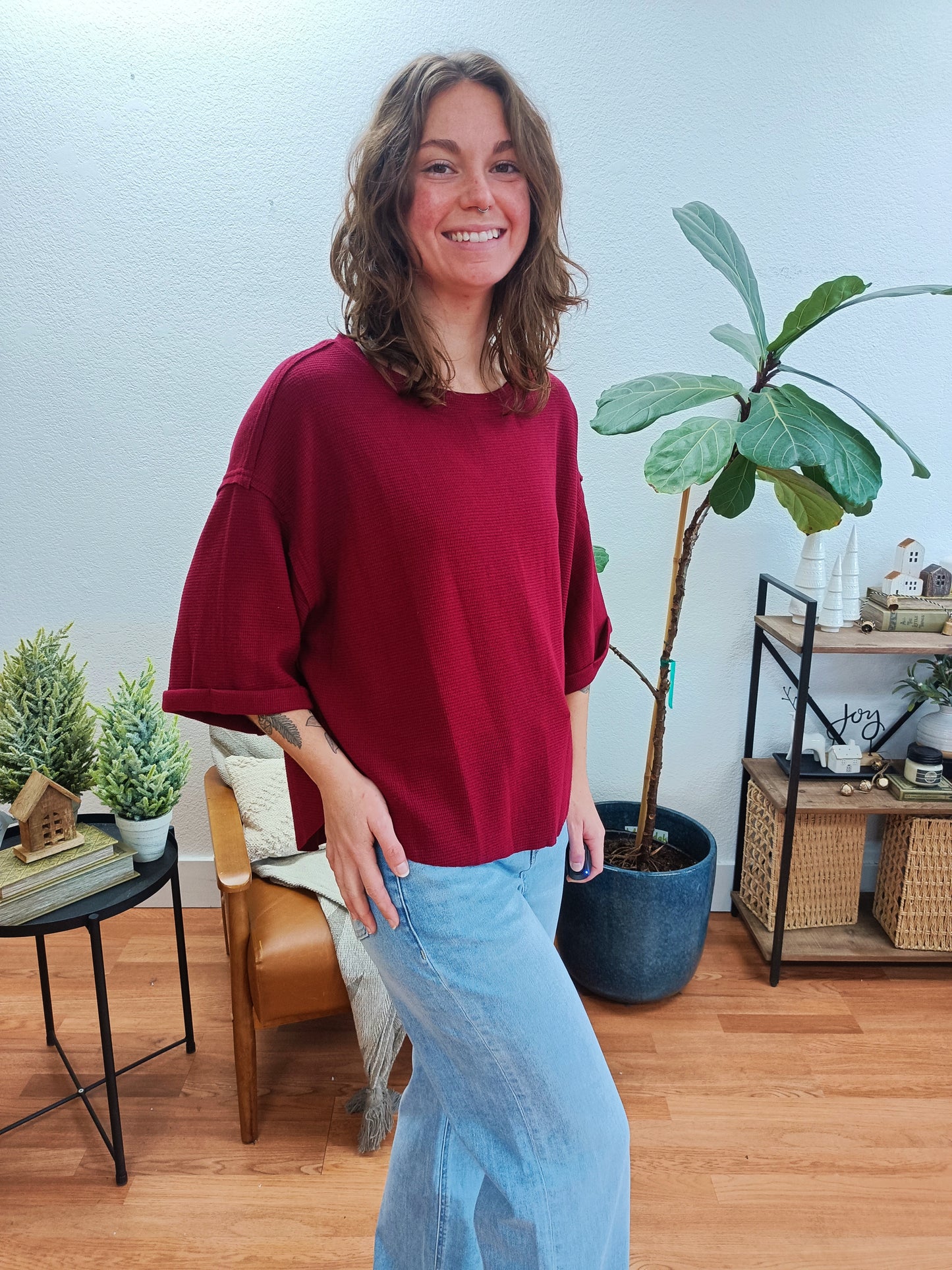 Cabernet Double Knit Exposed Seam Curved Hem Top