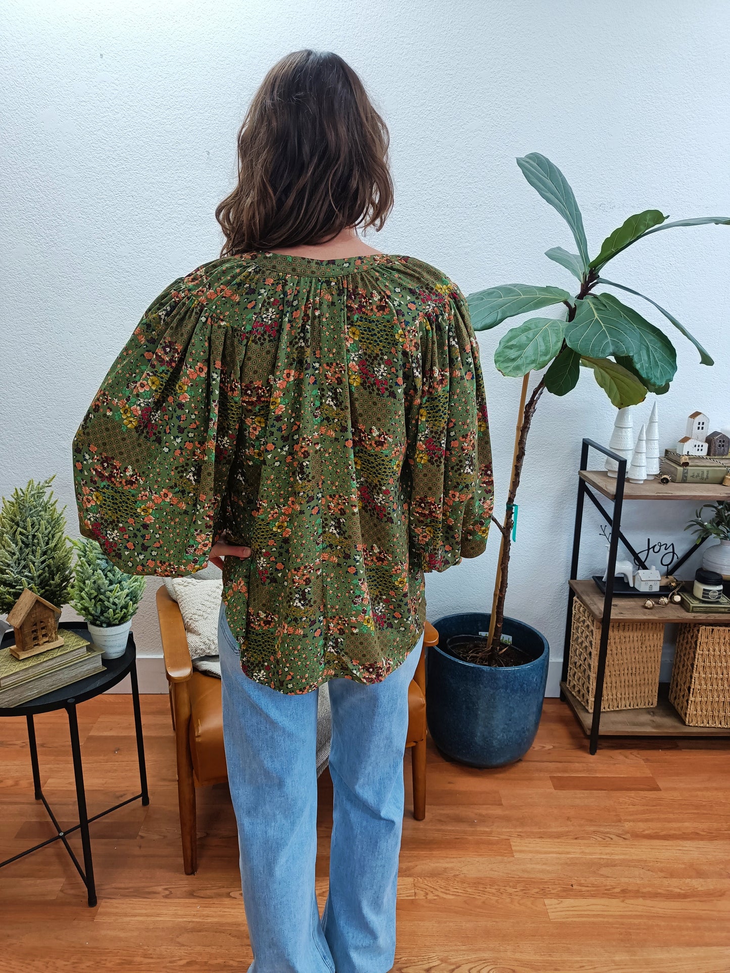 Olive Floral Balloon Sleeve Blouse