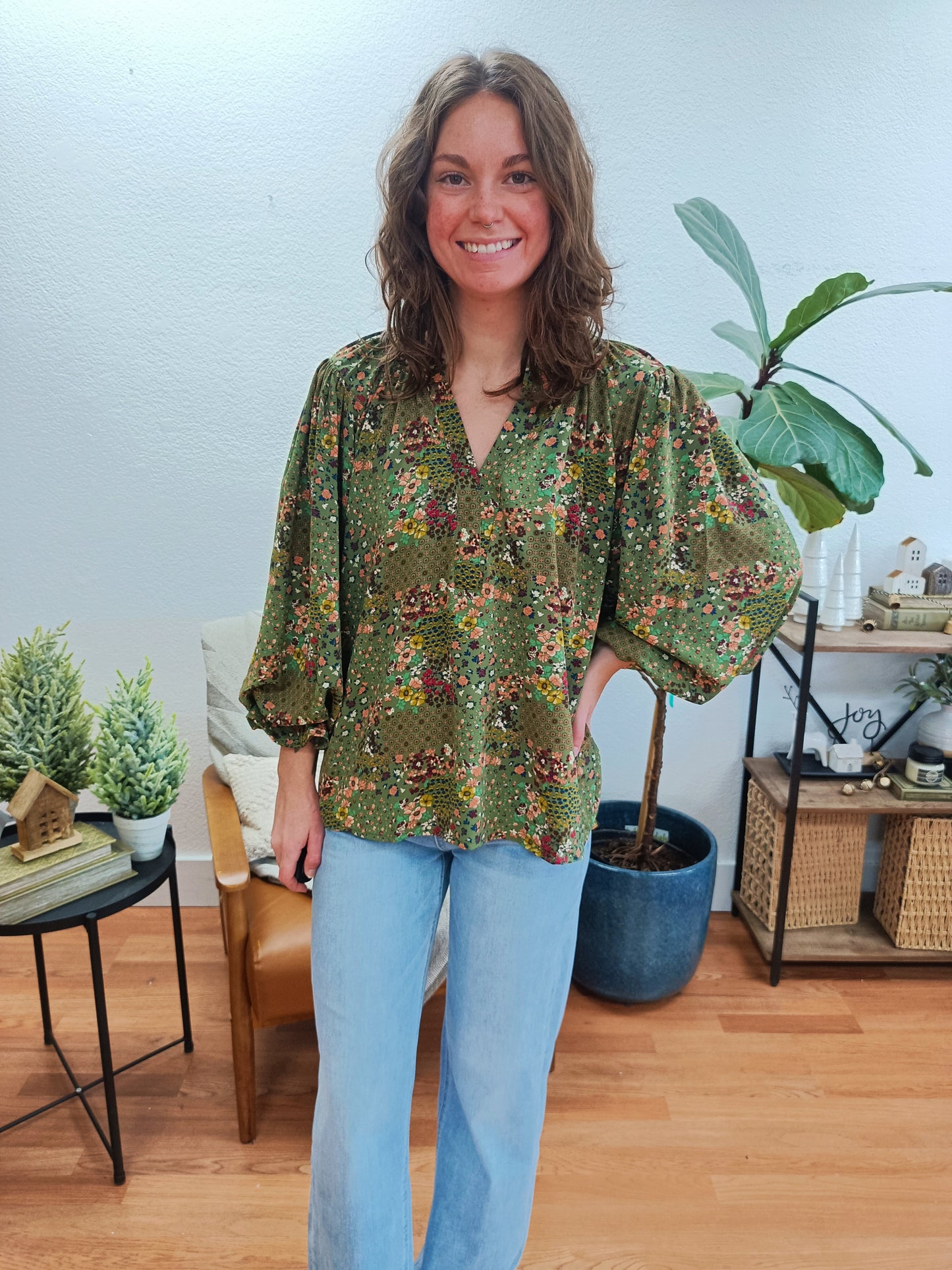 Olive Floral Balloon Sleeve Blouse