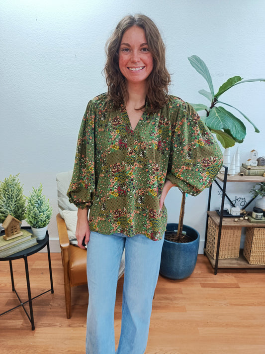 Olive Floral Balloon Sleeve Blouse
