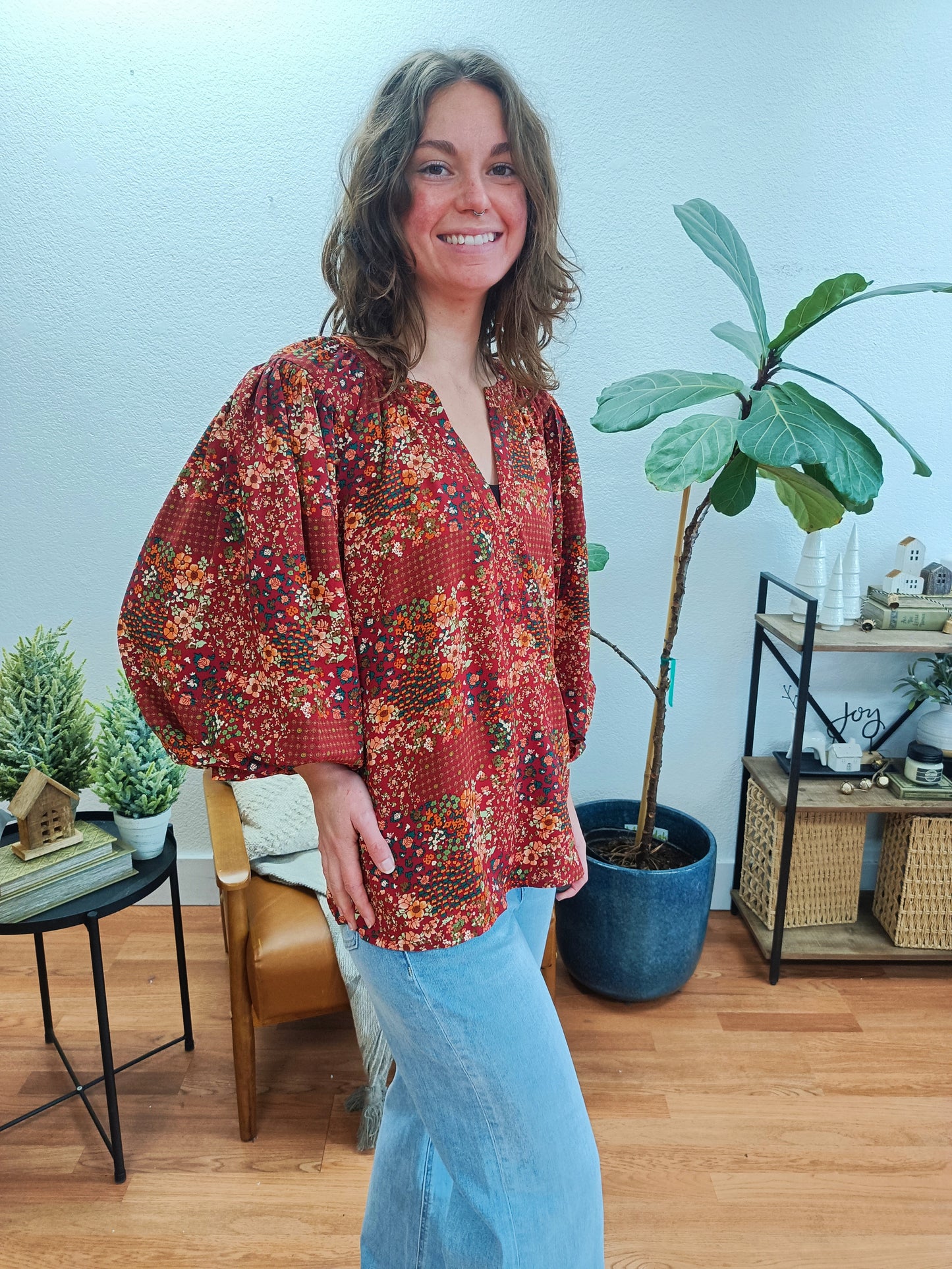 Rust Floral Balloon Sleeve Blouse