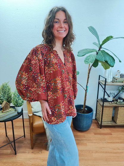 Rust Floral Balloon Sleeve Blouse