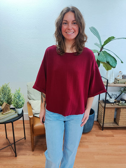 Cabernet Double Knit Exposed Seam Curved Hem Top