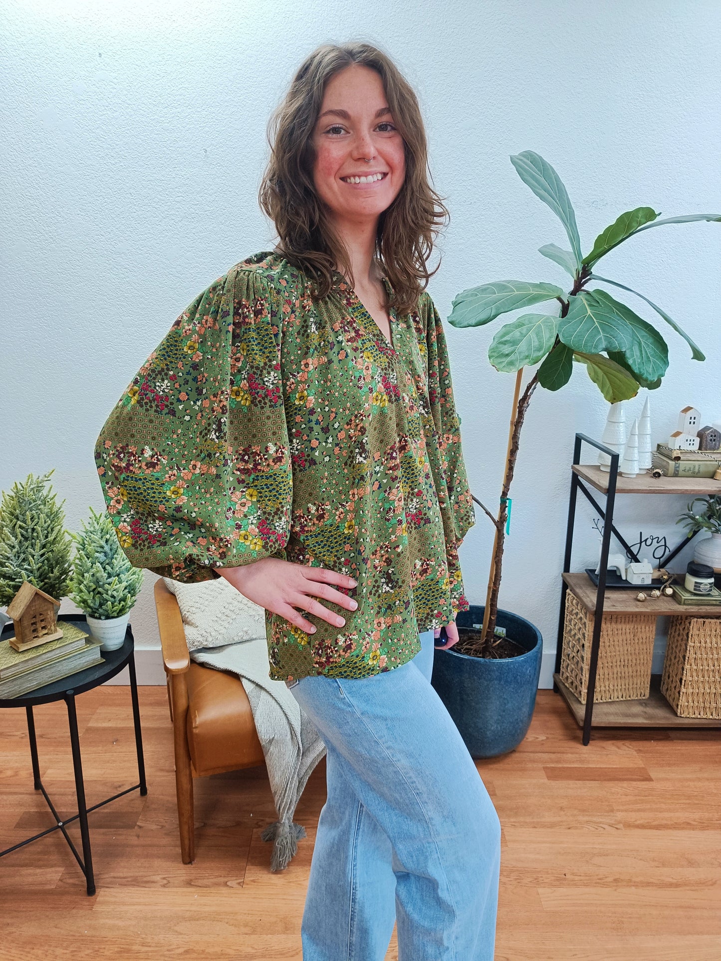 Olive Floral Balloon Sleeve Blouse