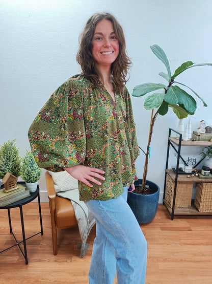 Olive Floral Balloon Sleeve Blouse