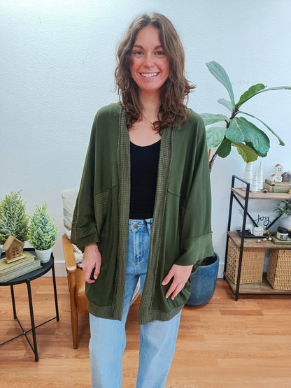 Olive Thermal Open Front Drape Cardigan