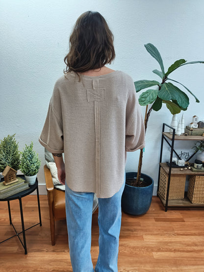 Cocoa Double Knit Exposed Seam Curved Hem Top