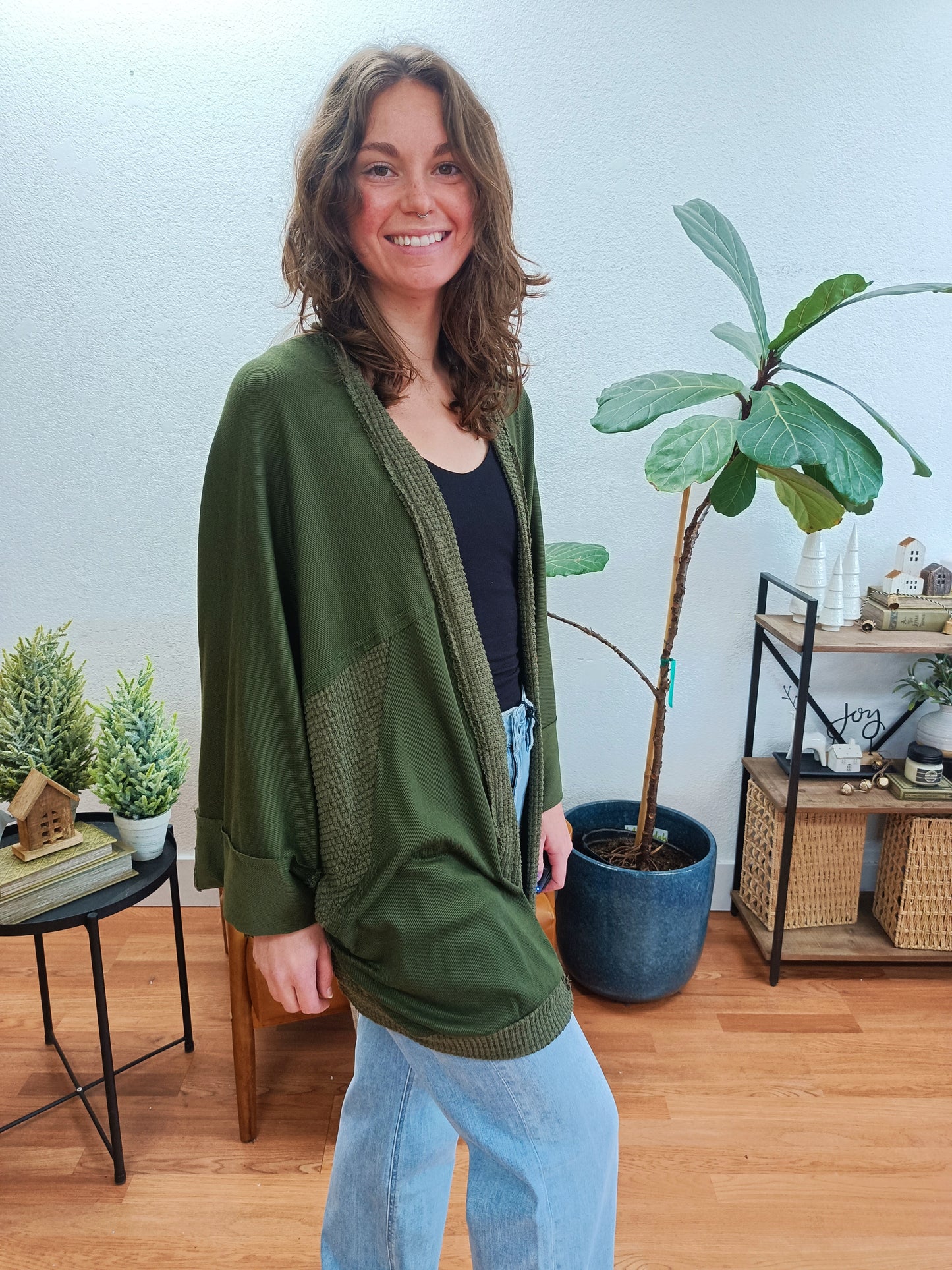 Olive Thermal Open Front Drape Cardigan