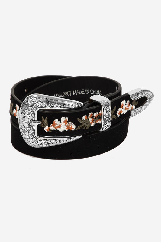 Flower Embroidered Etch Silver Buckle Belt