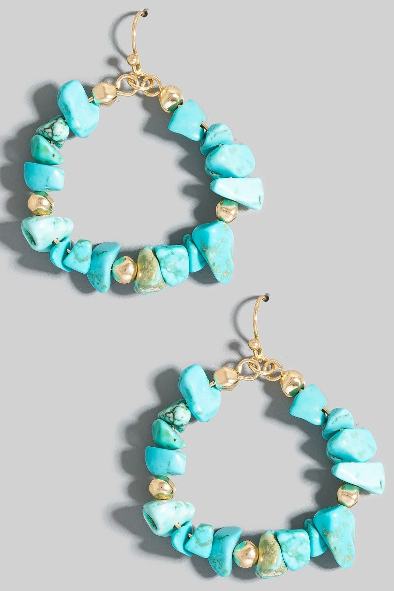 Stone Chip Beaded Hoop Dangle Earrings