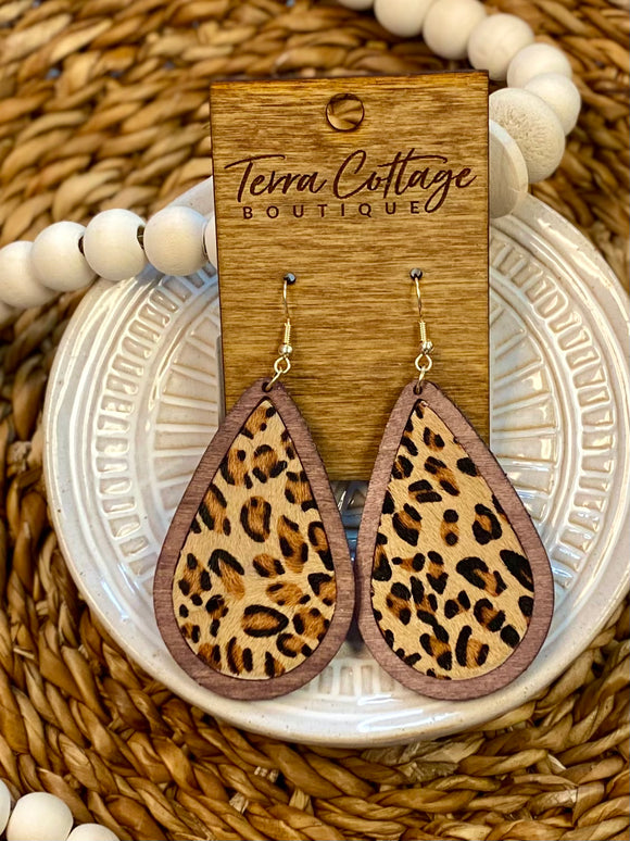Teardrop Wood & Tan Leopard Print Earrings