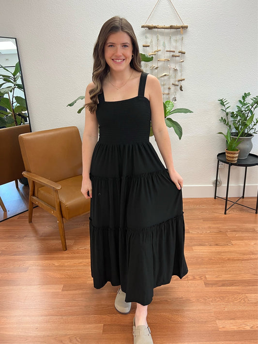 Black Smocked Tiered Maxi Dress