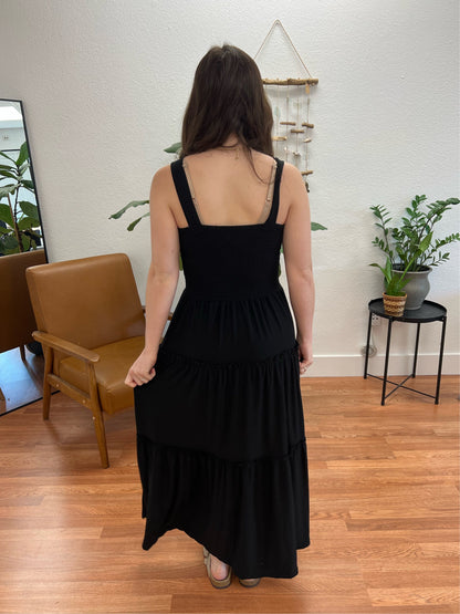 Black Smocked Tiered Maxi Dress