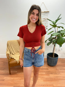 High Rise Fray Hem Denim Jean Shorts