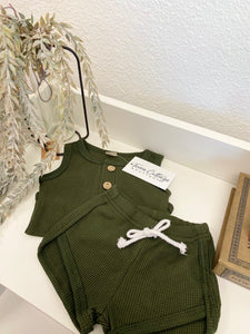 Dark Green Waffle Onesie and Shorts Baby Set