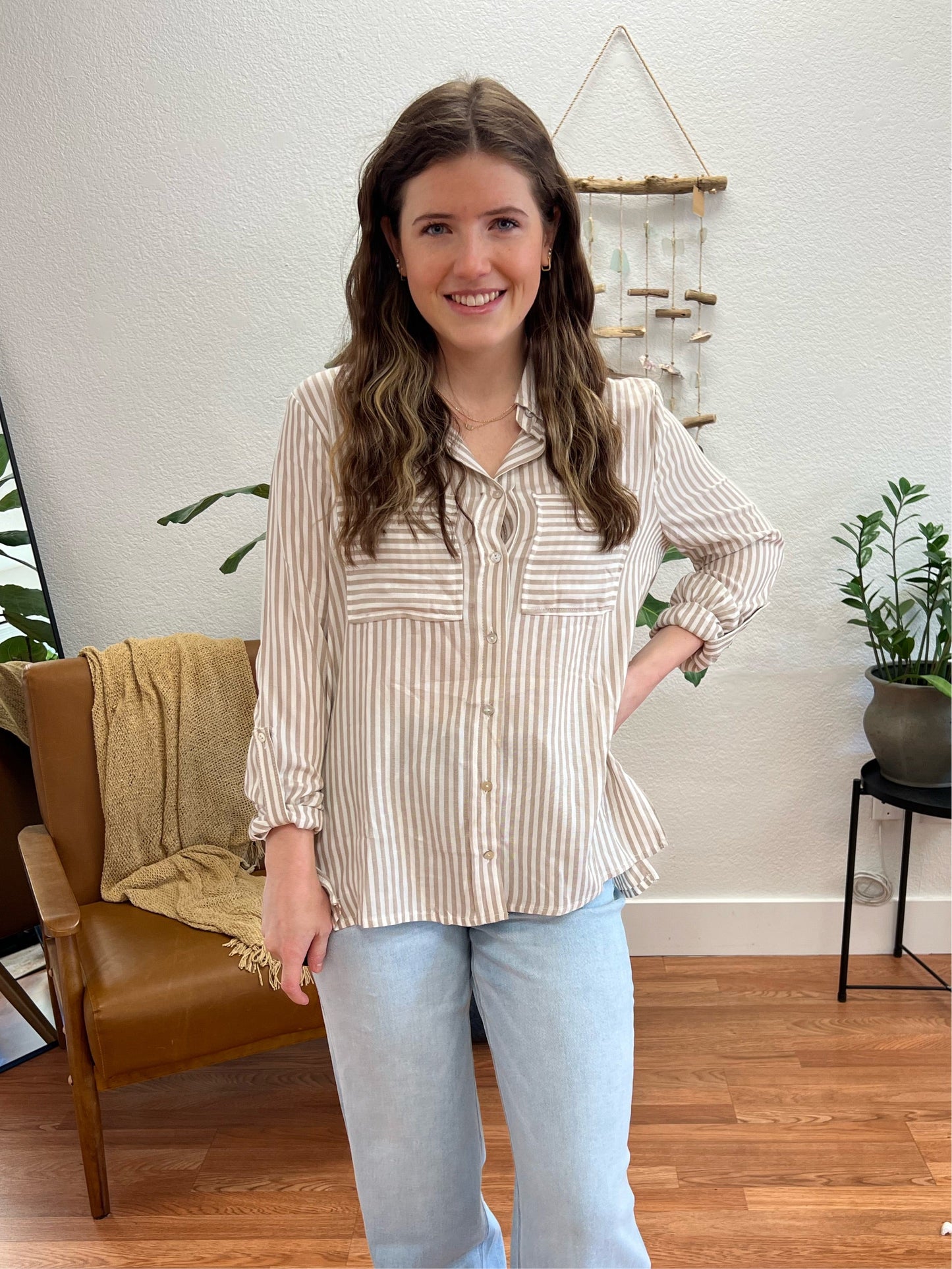 Taupe Classic Striped Button Down