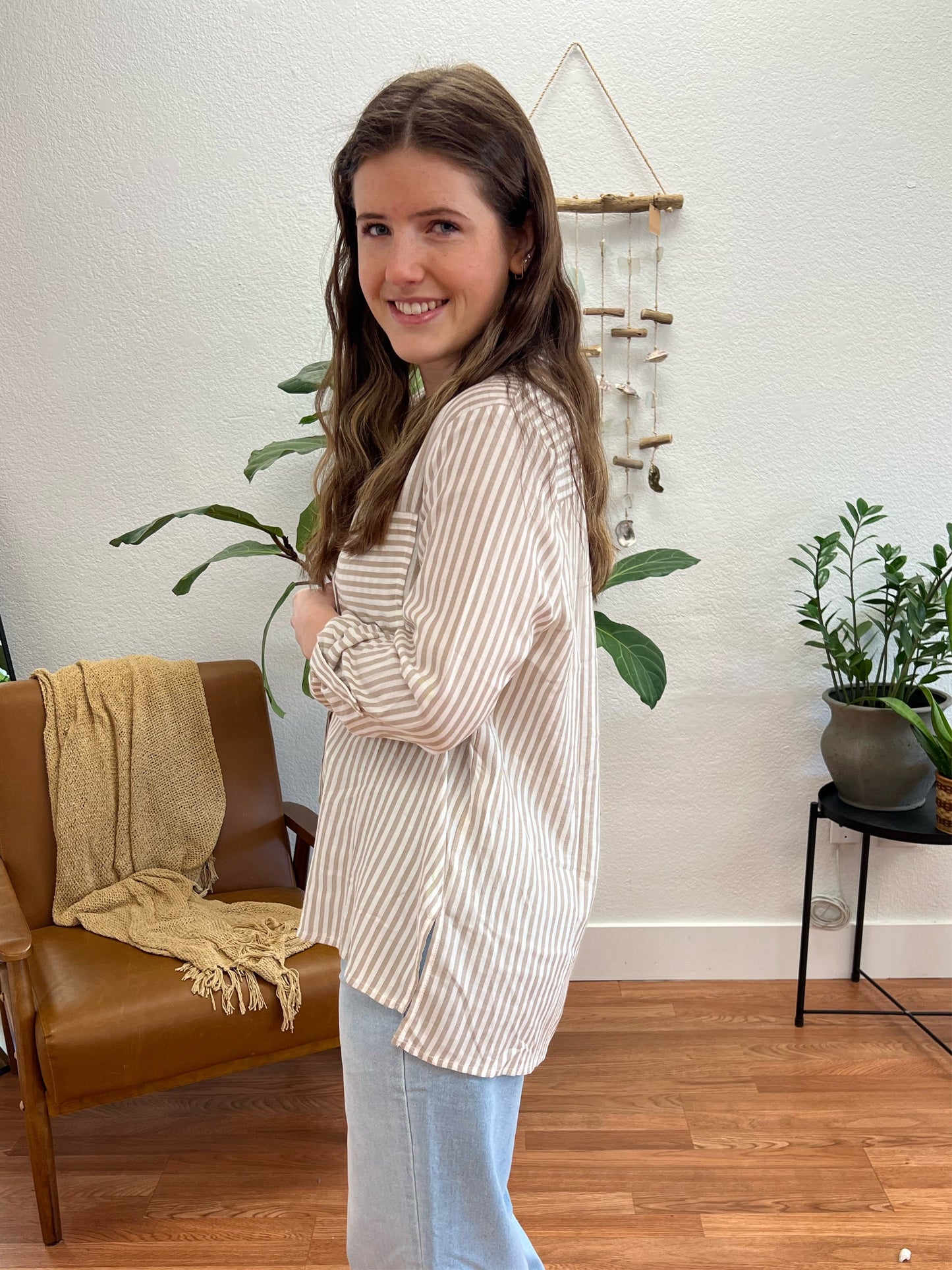 Taupe Classic Striped Button Down