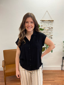 Black Rolled Sleeve Pocket Blouse
