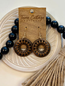 Brown Wood Round Etched Earrings