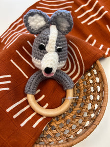 Grey Husky Crochet Baby Rattle