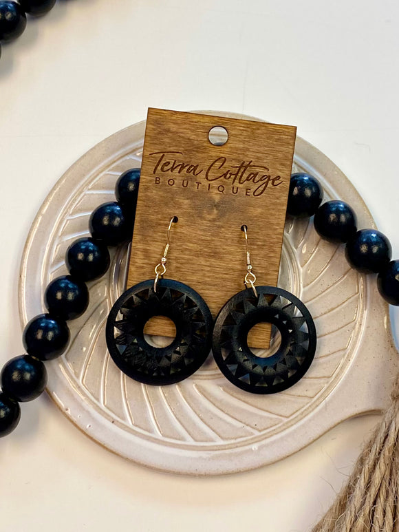 Black Wood Round Etched Earrings
