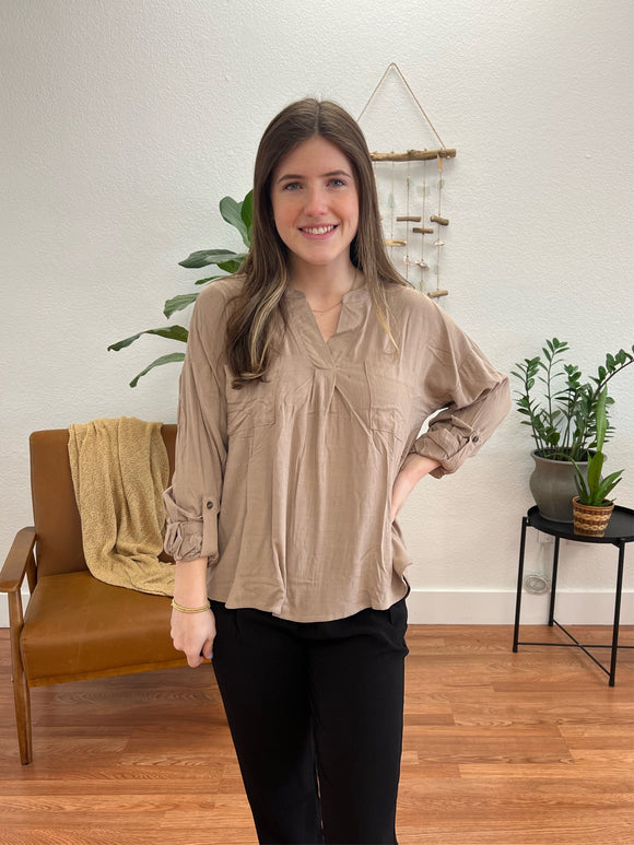Taupe Split Neck Button Back Top