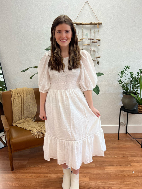 White Ruffle Hem Midi Dress